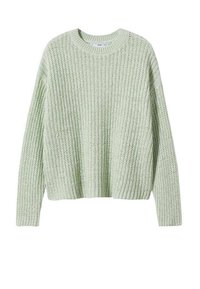 Pull tricoté vert clair à manches longues, col rond et coupe ample. La texture présente un motif côtelé prononcé sur toute la surface.