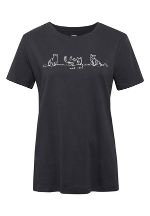 Black short-sleeve t-shirt with white line art of three cats in different poses and cursive text "est. 1991" across the chest.