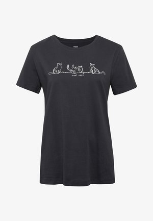 Black short-sleeve t-shirt with white line art of three cats in different poses and cursive text "est. 1991" across the chest.