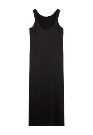 Abito nero senza maniche realizzato in tessuto liscio, con scollatura rotonda e silhouette dritta, senza motivi o decorazioni visibili.