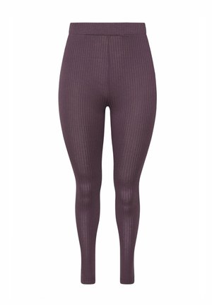 Leggings côtelés taille haute en mauve foncé avec une silhouette ajustée et une coupe longueur cheville.