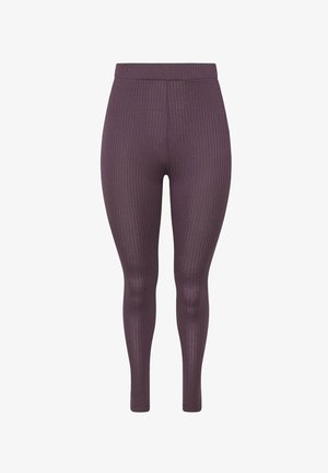 Højttaljede ribstrikkede leggings i mørk mauve med en tætsiddende silhuet og ankellængde.
