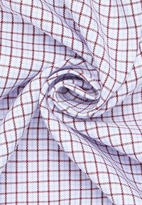 Katoenen stof met een lichtblauwe achtergrond en een rood rasterpatroon. De textuur is glad, met een fijne weving zichtbaar.