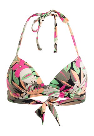 Blommig bikiniöverdel med mönster i rosa, grönt och beige. Har halterneck-band och en knutdetalj framtill. Tillverkad av stretchigt material.
