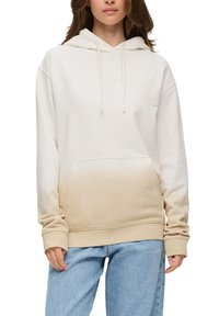 Beżowa gradientowa bluza z kapturem, kangurzą kieszenią, sznurkiem do regulacji kaptura i ściągaczami na nadgarstkach. Wykonana z miękkiej bawełny o gładkiej teksturze.
