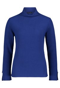 Långärmad ribbad cobaltblå tröja med hög hals och små dragkedjedetaljer vid ärmsluten.