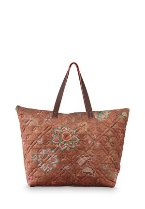 Brown quilted tote bag with floral embroidery and dark brown double handles, displayed against a white background.