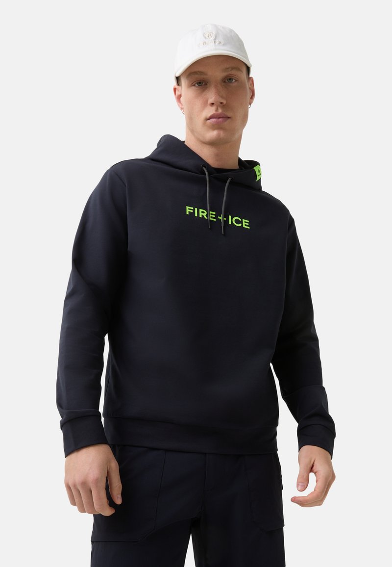 Navy hoodie with "FIRE+ICE" in fluorescent green, drawstring hood, and long sleeves. Features a smooth, soft texture and relaxed fit.