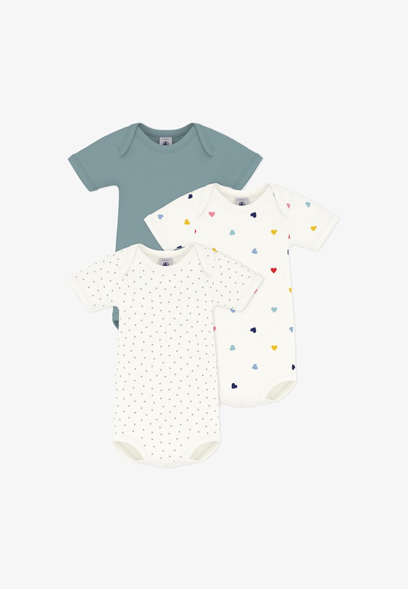 Τρία βρεφικά φορμάκια: ένα τιρκουάζ, ένα κρεμ με γκρι πουά και ένα κρεμ με πολύχρωμα σχέδια καρδιών. Απαλή βαμβακερή ύφανση.