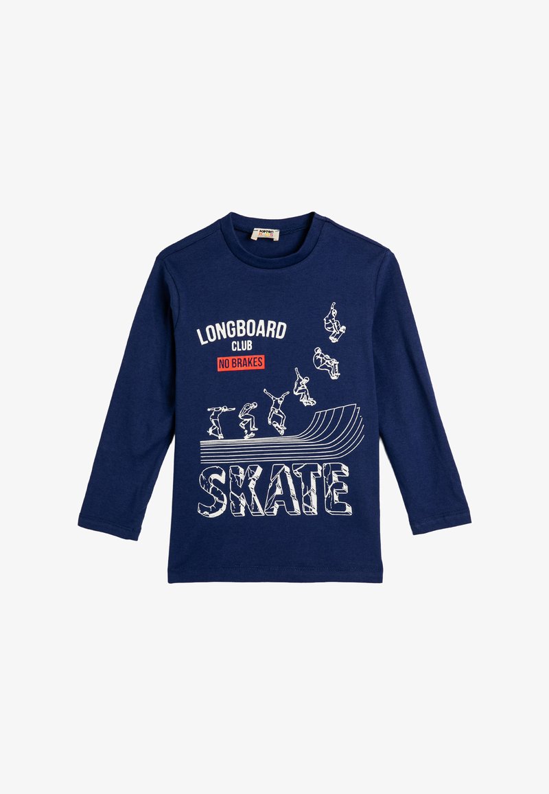 Granatowa koszulka z długim rękawem wykonana z bawełny, z białymi grafikami przedstawiającymi skateboardzistę oraz napisem "LONGBOARD CLUB NO BRAKES" i "SKATE."