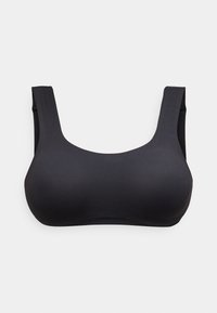 Juodos be siūlių belaidės liemenėlės su plačiomis petnešėlėmis ir apvalia iškirpte atvaizdas ant šviesaus fono.