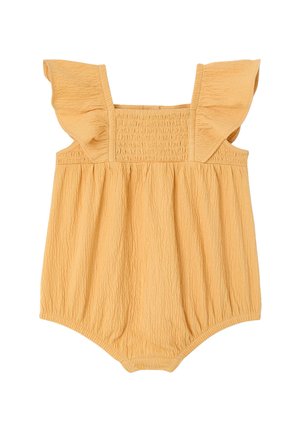 Gelber, strukturierter Baby-Strampler mit gerafften Schulterriemen, geschnürtem Brustteil, lockerem Schnitt und gesammelten Beinöffnungen.