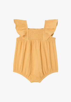 Gelber, strukturierter Baby-Strampler mit gerafften Schulterriemen, geschnürtem Brustteil, lockerem Schnitt und gesammelten Beinöffnungen.