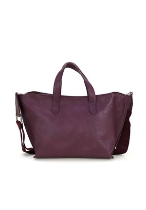 Diep paarse leren tote tas met dubbele handvatten en een verstelbare schouderriem, met een lichttextuur en ritssluiting.
