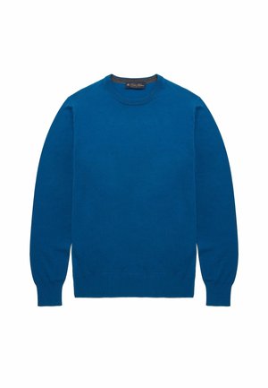 Blauwe katoenen trui met ronde hals, lange mouwen, geribbelde boorden en zoon, een gladde textuur en een klassieke pasvorm. Etiket genaaid binnen de halslijn.