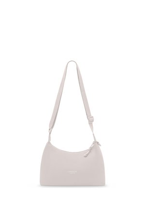 Lichtbeige schoudertas met verstelbare riem en ritssluiting, kleine logotekst "Larkson" aan de voorkant in het midden.
