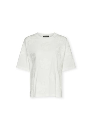 Witte blouse met korte mouwen, subtiele reliëf bloemmotieven en een ronde halslijn.