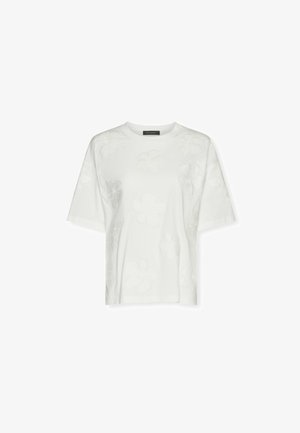 Witte blouse met korte mouwen, subtiele reliëf bloemmotieven en een ronde halslijn.