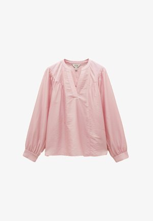 Hellrosa lange Bluse mit langen Ärmeln, gerafften Schultern, tiefem V-Ausschnitt und geknöpften Manschetten, aus leichtem Stoff gefertigt.