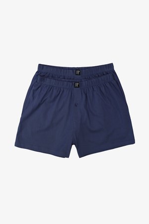 Dva páry pánských boxerek tmavě modré barvy s elastickým pasem a předním knoflíkem, naskládané na bílém pozadí.