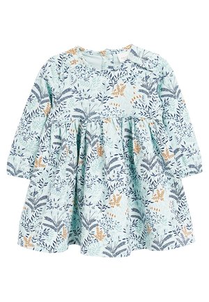 Long-sleeve baby dress with gathered waist, light blue base, and multicolored botanical print in navy, orange, and mint green tones.