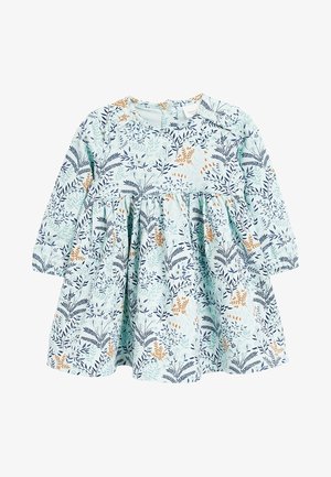 Abito da bambina a maniche lunghe con vita arricciata, di base azzurro chiaro, e stampa botanica multicolore nei toni di blu navy, arancione e verde menta.