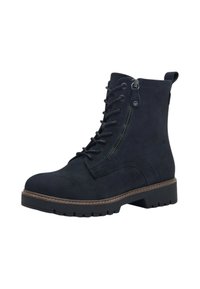 Bottes chelsea en daim bleu marine avec un laçage à l'avant, une fermeture éclair sur le côté, une semelle en caoutchouc texturée et des coutures et accents marron contrastants.