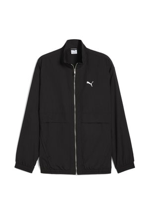 Giacca a vento leggera nera, dotata di colletto alto, zip frontale, due tasche grandi e un logo bianco sul lato sinistro del petto.