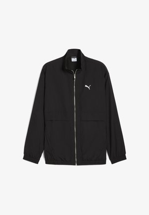 Fekete, könnyű szélálló dzseki, felálló gallérral, elülső cipzárral, két nagy zsebbel és egy fehér logóval a bal mellen.