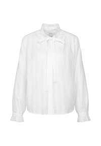 Weiße Bluse mit langen Ärmeln, einem gerafften hohen Kragen und Manschetten, vertikalen Streifen und einer Schleife vorne am Ausschnitt.