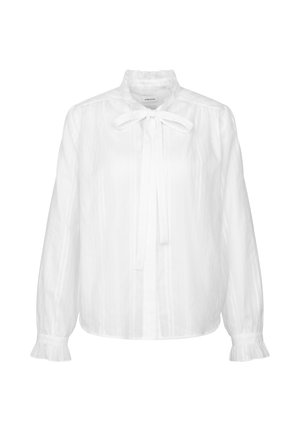 Witte blouse met lange mouwen, voorzien van een gerimpelde hoge kraag en manchetten, verticale strepen en een strik aan de voorkant bij de halslijn.