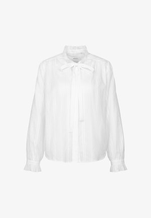 Witte blouse met lange mouwen, voorzien van een gerimpelde hoge kraag en manchetten, verticale strepen en een strik aan de voorkant bij de halslijn.