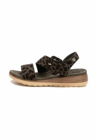 Sandalia de estampado de leopardo con correas ajustables dobles, plantilla acolchada y suela ligera en beige. Material texturizado, diseño de punta abierta.