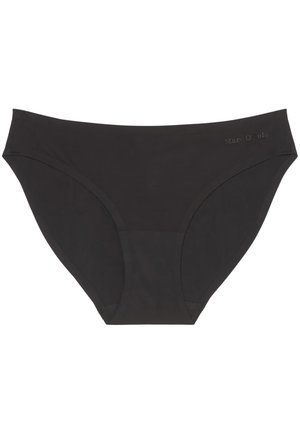 Schwarze Damenunterhosen mit einer glatten Textur, Mid-Rise-Design und dezentem Branding an der Seite. Hergestellt aus dehnbarem Stoff.