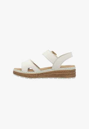 Sandali wedge sintetici bianchi con due cinghie larghe, design peep-toe e soletta in sughero testurizzato. Presentano una suola in gomma bianca per la presa.