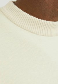 Sweat-shirt couleur crème en tissu tricoté texturé. Doté d'un col côtelé et d'une surface lisse, mettant en avant un design simple et épuré.
