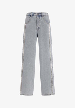 Light blue denim wide-leg jeans with a frayed edge and floral accents along the side seams. High-waisted with traditional pockets.