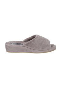 Gray plush slippers with an open toe and slip-on design. Soft texture, rounded shape, and flat sole. Branding on the insole.