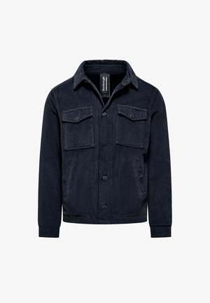 Dark navy corduroy jacket with a button-up front, two chest pockets, and a collar. Textured fabric with vertical ribs and a relaxed fit.