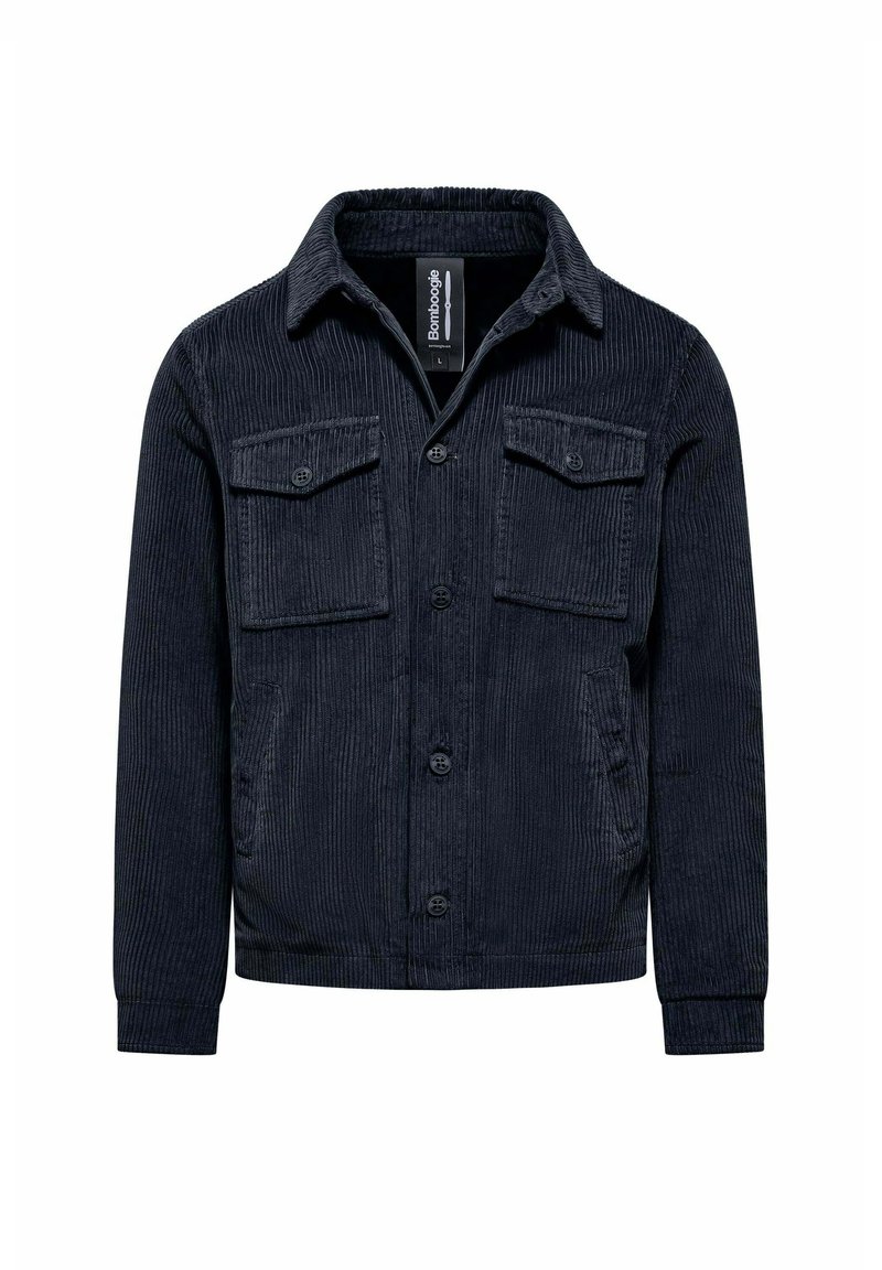 Donkerblauwe corduroy jas met een knoopsluiting aan de voorkant, twee borstzakken en een kraag. Getextureerde stof met verticale ribbels en een relaxte pasvorm.