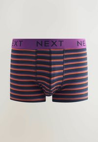Bóxers a rayas en colores navy, morado y naranja. Tejido suave con una amplia cinturilla morada que muestra "NEXT" en negro.