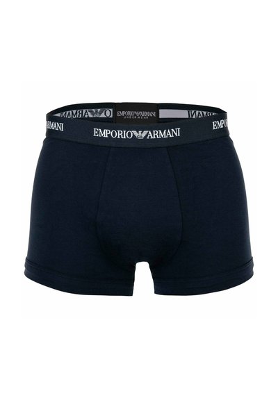 Donkerblauwe Emporio Armani herenboxers met elastische tailleband met merknaam en logo in het midden aan de voorkant.