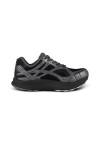 Black athletic shoe featuring mesh panels, synthetic leather accents, rounded toe, and textured outsole for grip. Laces run through eyelets.