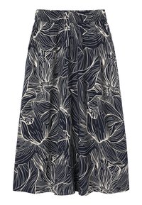 Pantalon bleu marine à jambes larges avec motif floral en ligne blanche, taille élastique et coupe décontractée.