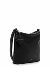 Black leather shoulder bag with a textured surface, top zipper closure, and a heart-shaped tag labeled "EMILY & NOAH." Adjustable strap.