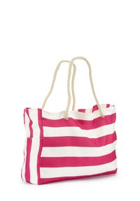 Gestreifte Tasche in Pink und Weiß mit Seilgriffen, aus strapazierfähigem Stoff, mit geräumigem Design und einer Seitentasche.