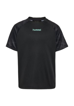 Sort kortærmet sportstrøje med mønstrede ærmer og lyseblåt "hummel" logo centreret på brystet.