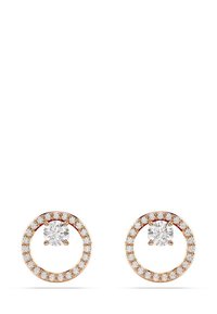 Roséguld för örhängen med en central klar sten omgiven av en cirkulär halo av mindre klara stenar, blank yta, rund form.