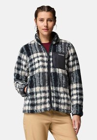 Giacca in fleece con zip, in fantasia a quadri nera, bianca e blu. Presenta una tasca sul petto nera e un colletto alto. Tessuto morbido.