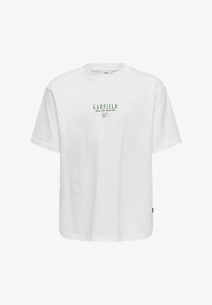 Hvid kortærmet T-shirt med grøn tekst "GARFIELD Tennis And Leisure Club" og et lille dekorativt "G" på brystet.